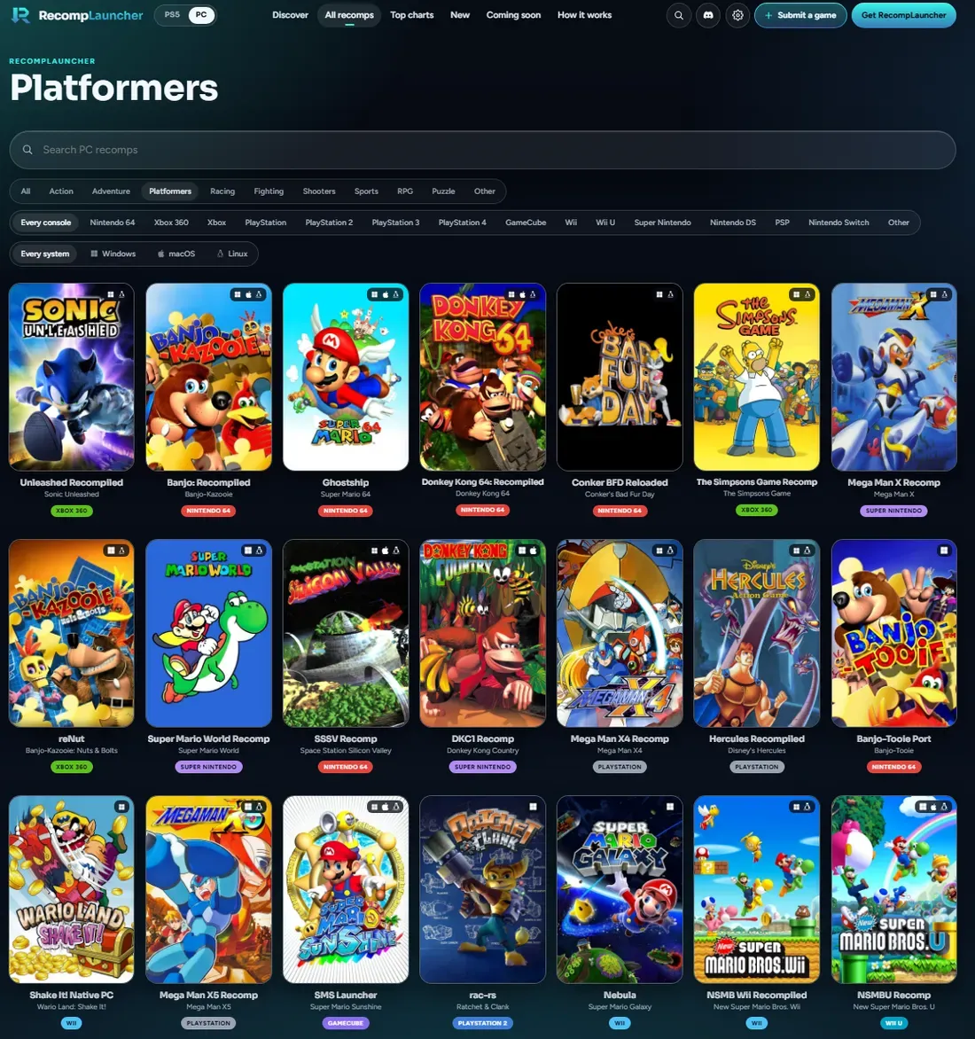 Tampilan antarmuka situs RecompLauncher untuk memfilter game konsol klasik ke PC