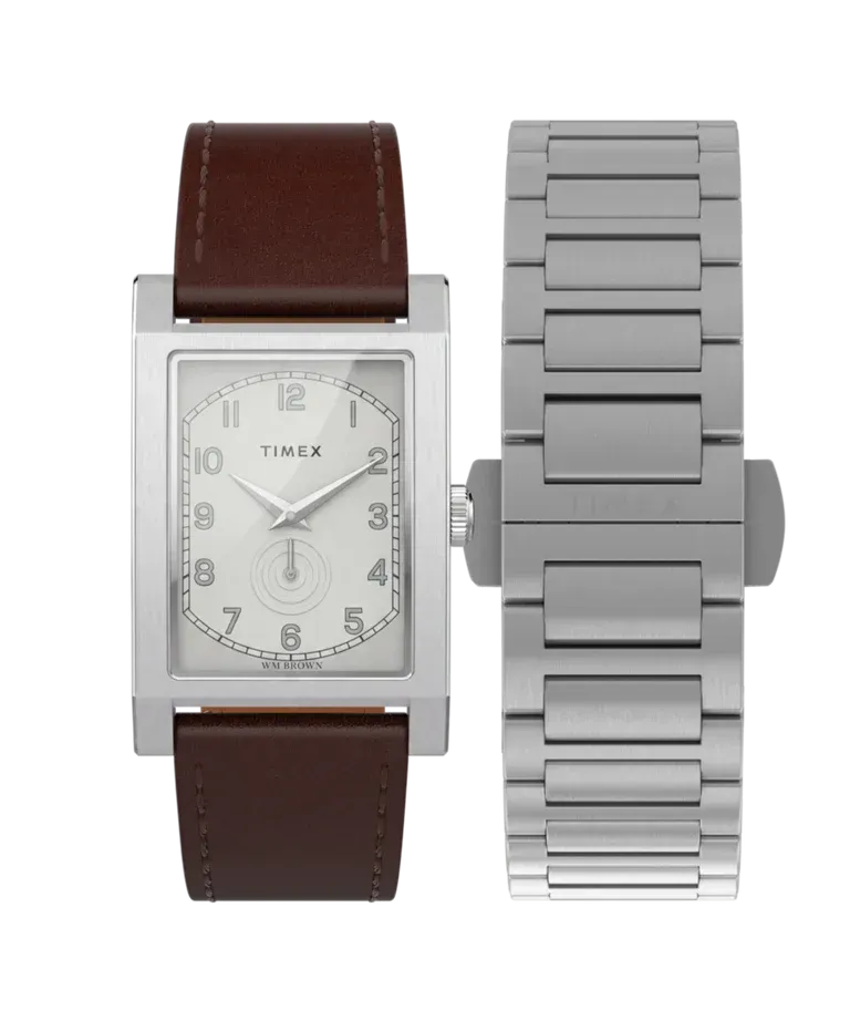 Detail dial dan sasis stainless steel Timex WM Brown Rectangle