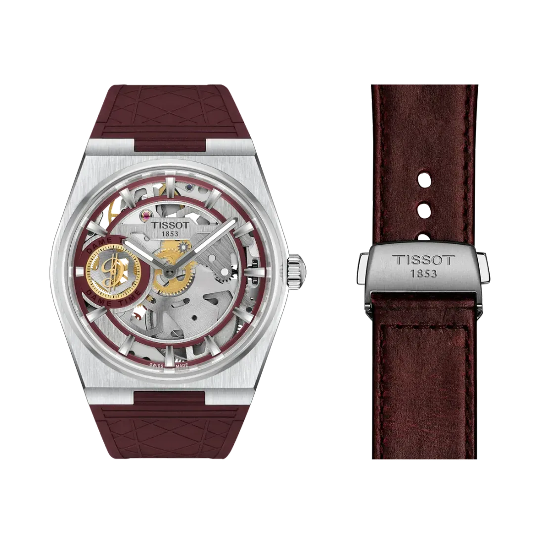Detail dial skeleton Tissot PRX Damian Lillard dengan aksen burgundy dan jam detik kecil monogram