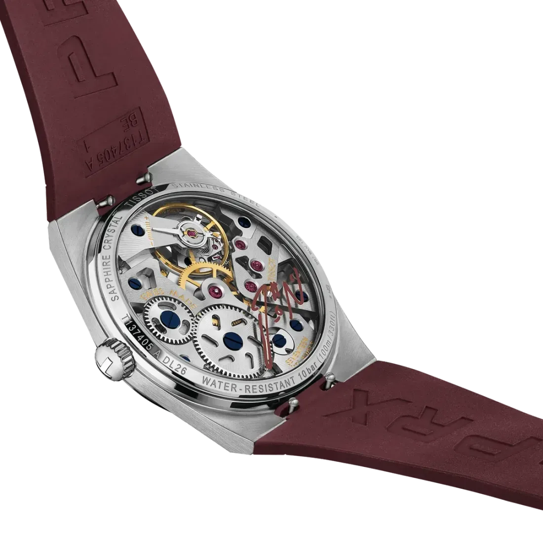 Pilihan tali jam karet dan kulit berwarna burgundy untuk Tissot PRX Skeleton