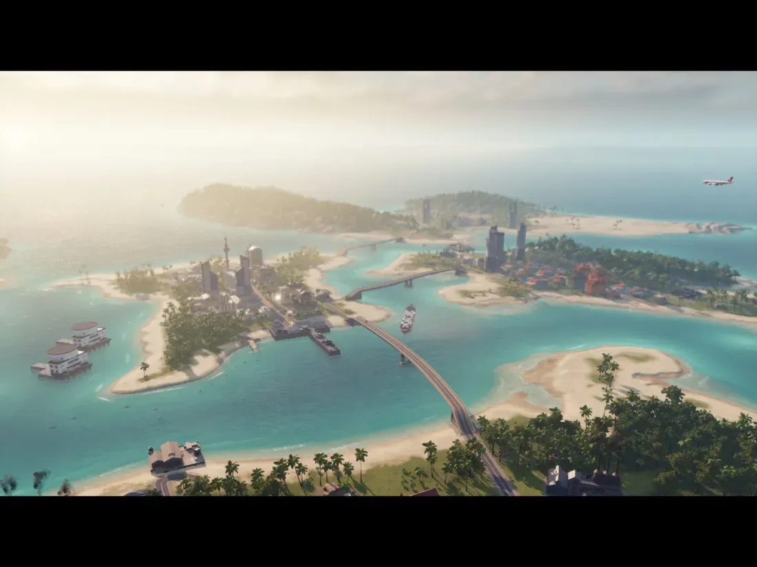 Gameplay Tropico 6 yang memperlihatkan koneksi antar pulau