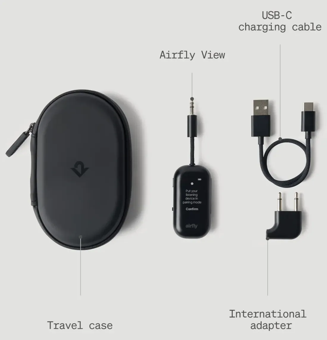 Paket penjualan Twelve South AirFly View mencakup kabel USB-C, adaptor internasional, dan travel case