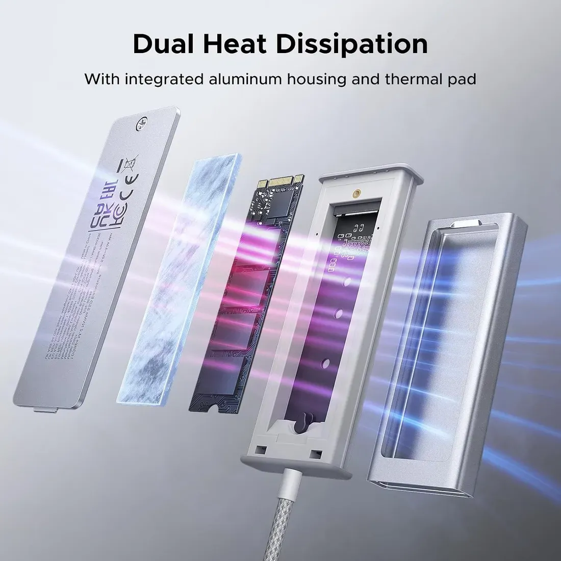 Bodi aluminium dan thermal pad enclosure Ugreen