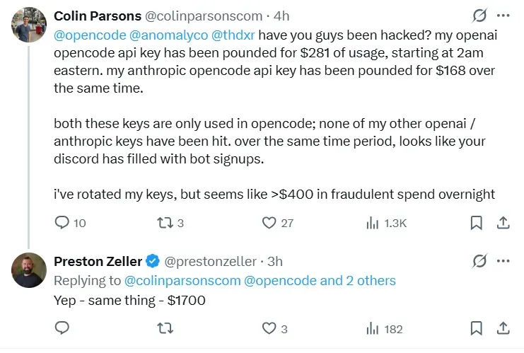 Laporan pengguna di platform X mengenai akun AI yang terkuras akibat kebocoran