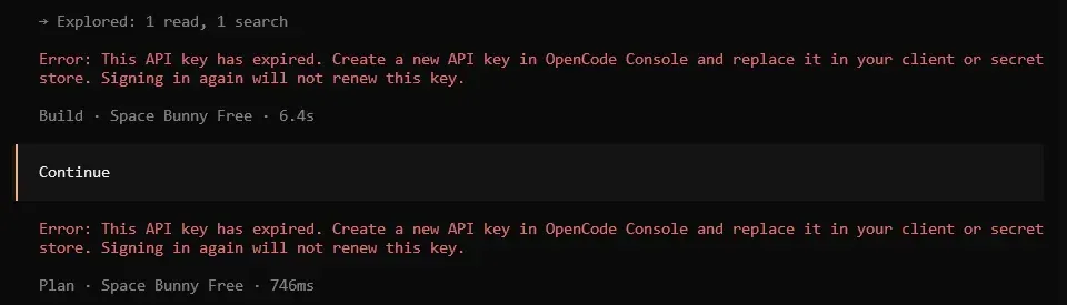 Kendala teknis error kedaluwarsa API key yang dialami pengguna OpenCode