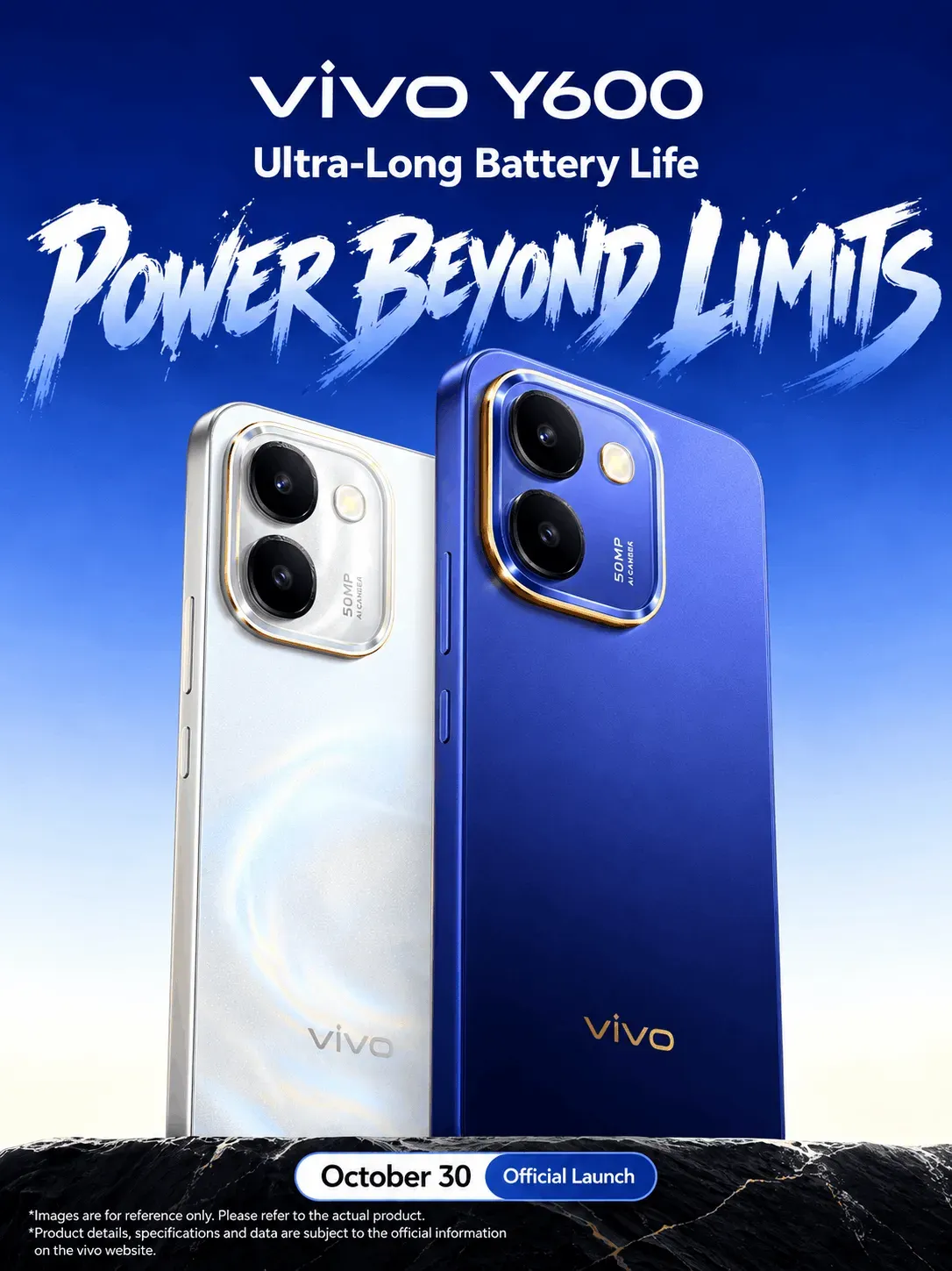 Poster peluncuran resmi Vivo Y600 memperlihatkan varian warna putih dan biru