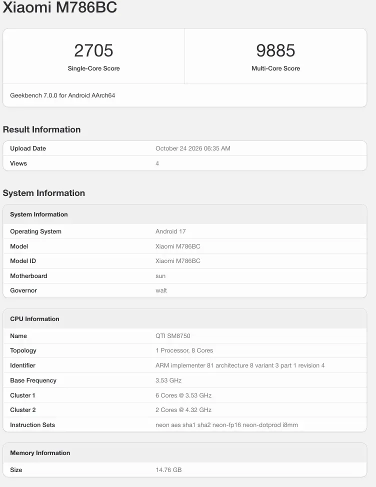 Tangkapan layar hasil uji Geekbench perangkat Xiaomi Redmi K100