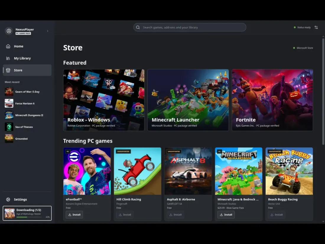 Halaman toko Microsoft Store di dalam launcher Xodus Nexus