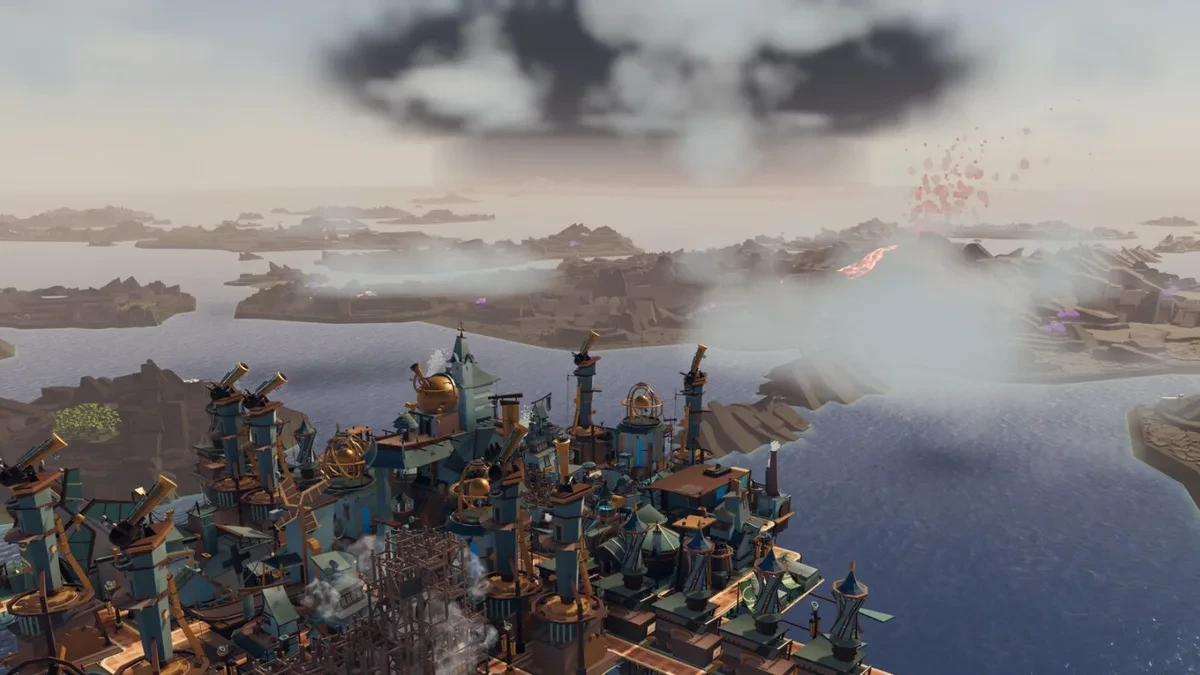 Tampilan kota melayang dalam game Airborne Empire di Steam