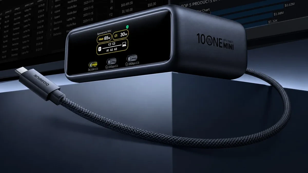 Baseus Spacemate RD1 Mini Docking Station dengan layar pintar dan port 10-in-1