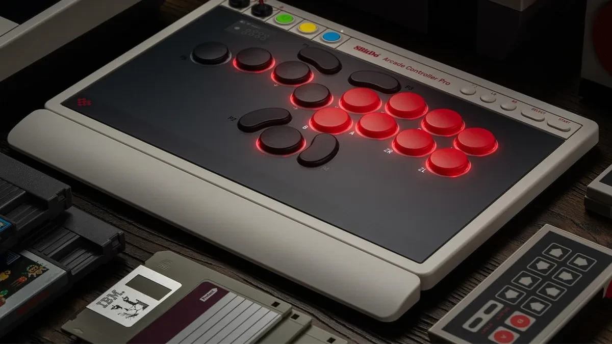 8BitDo Arcade Controller Pro sudut pandang utama dengan tombol lengkap