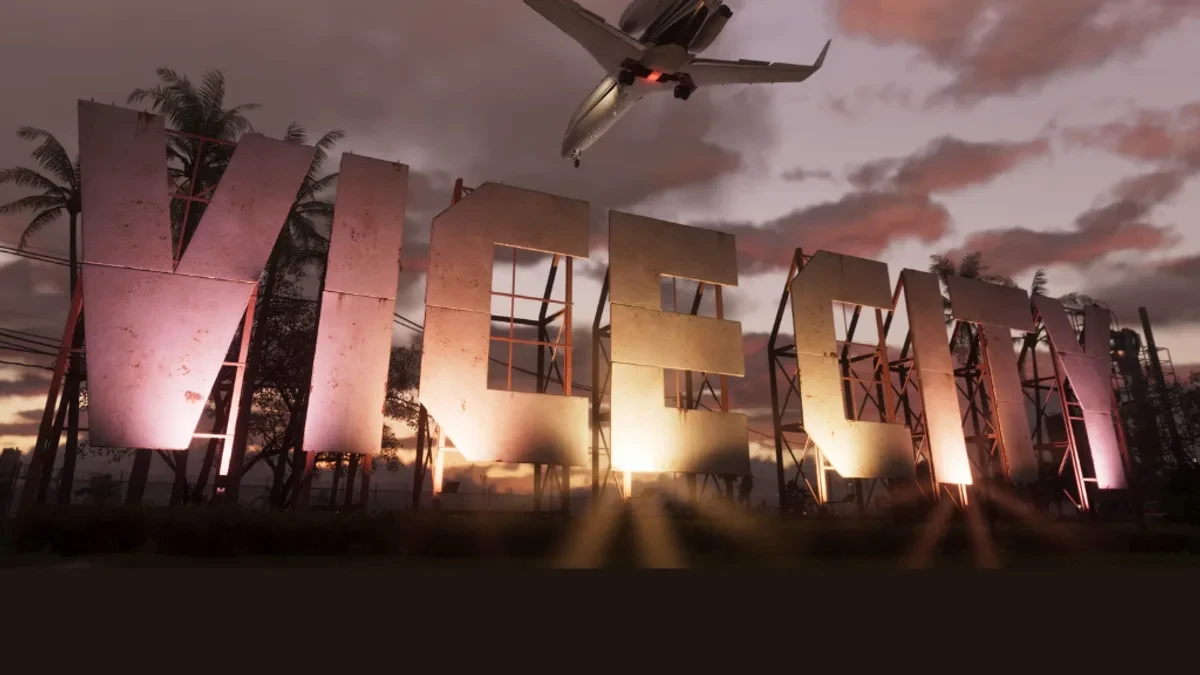 Tampilan logo dan papan nama Vice City dalam game Grand Theft Auto VI garapan Rockstar Games