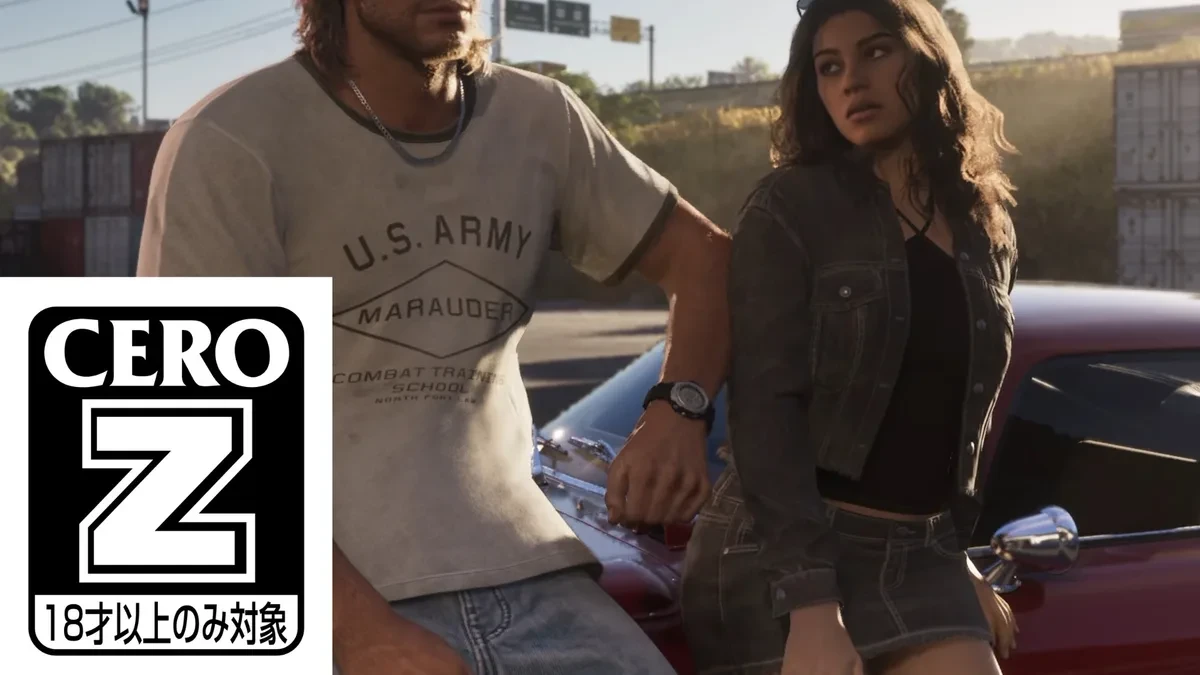 Karakter Jason dan Lucia dalam game GTA 6 dengan logo rating usia CERO Z Jepang
