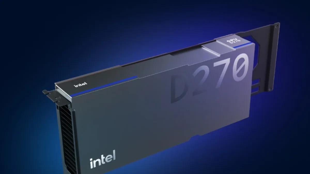 Tampilan fisik Intel GPU D270 untuk akselerasi inferensi AI
