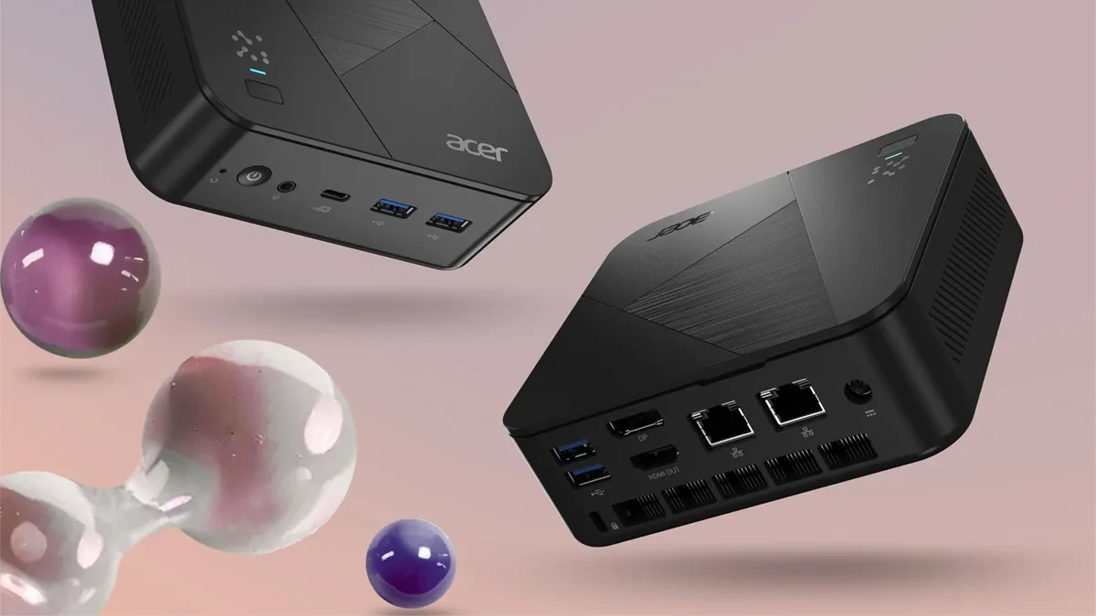 Tampilan sudut depan mini PC Acer Revo Box AI berprosesor AMD Ryzen AI 9