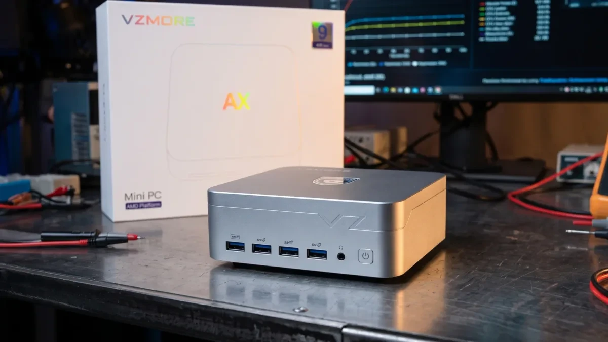 Tampilan sudut depan mini PC Vzmore AX9 Max