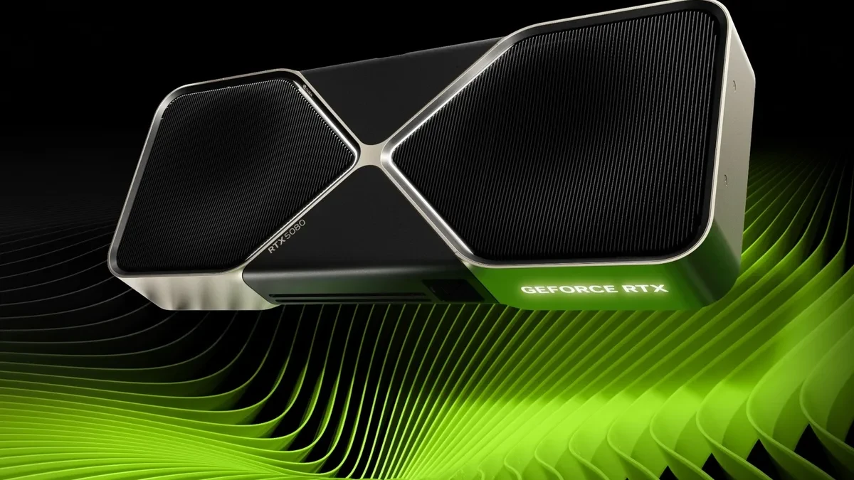 Kartu grafis Nvidia GeForce RTX 5080 dengan sistem pendingin ganda di etalase produk
