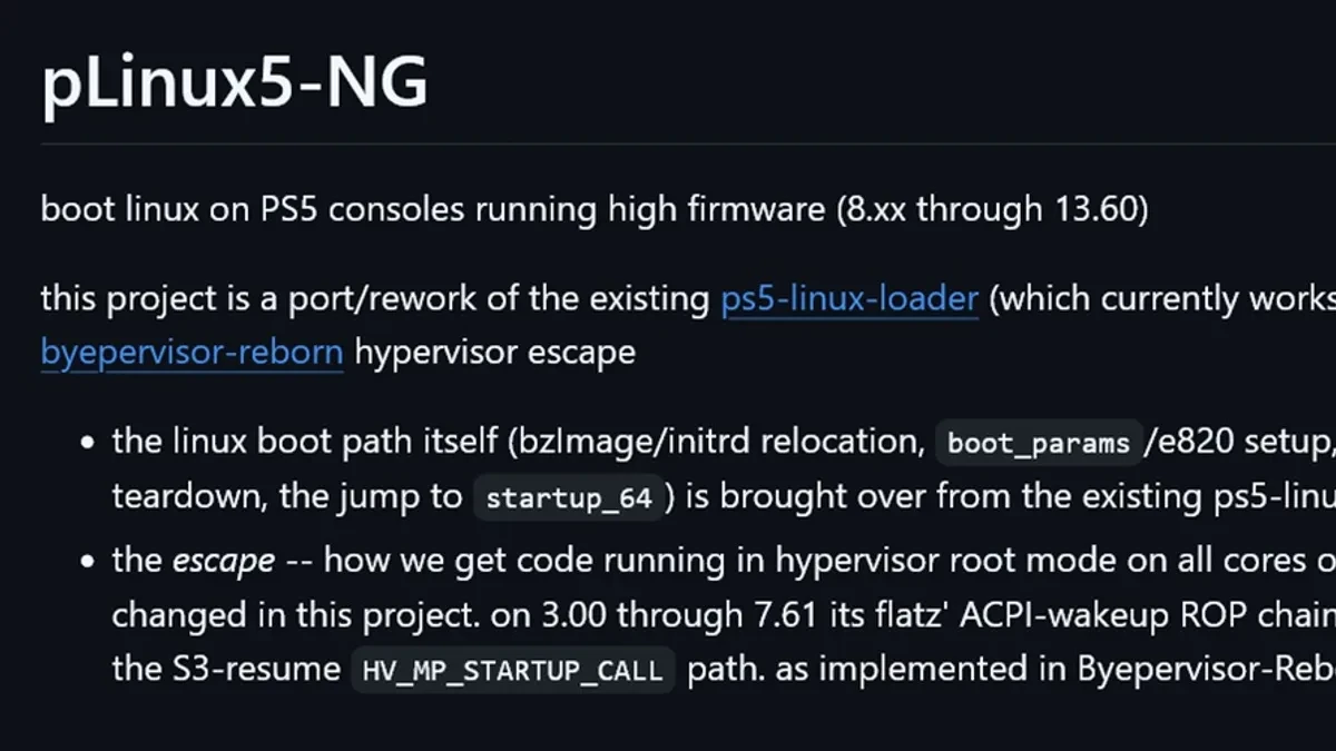 Bootloader pLinux5-NG berjalan di sistem PlayStation 5