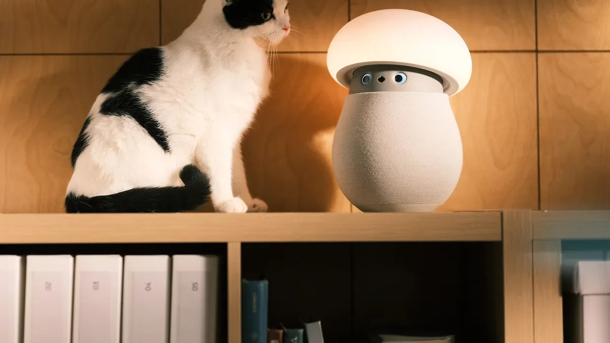 Robot OAK Mori berbentuk jamur dengan kain wol dan lampu kepala