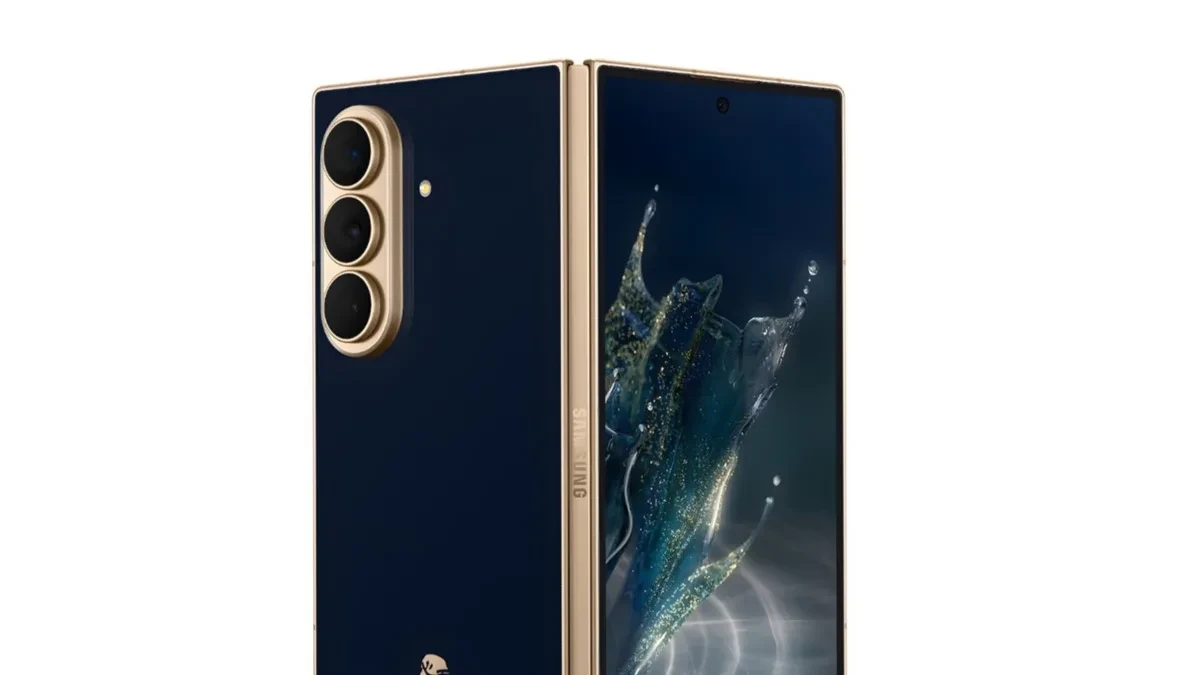 Bocoran desain Samsung W27 dengan warna Aura Blue dan hinge emas